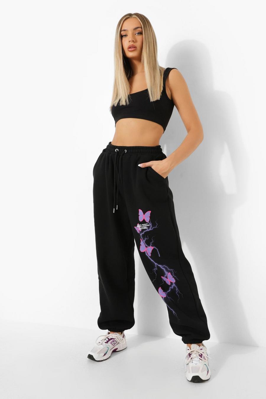 Black Butterfly Print Track Pants image number 1