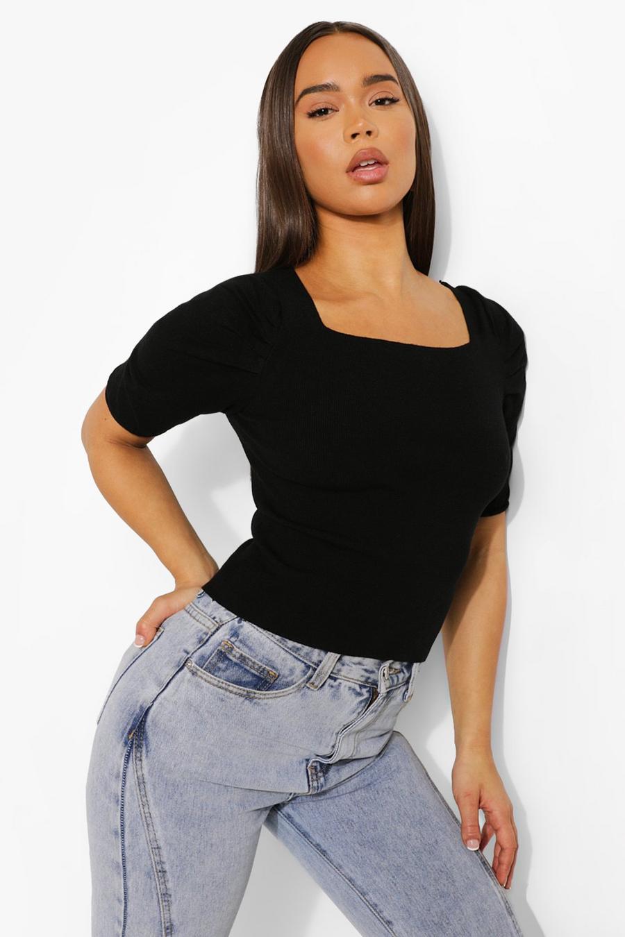 Black Ruched Sleeve Rib Knit Top image number 1
