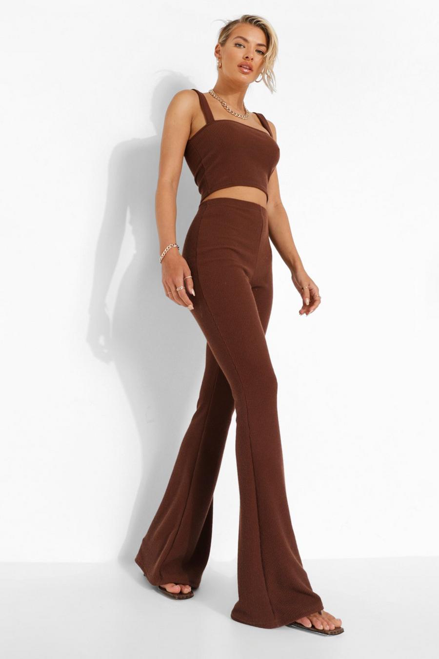 Chocolate brun Crinkle Skinny Flared Trousers image number 1