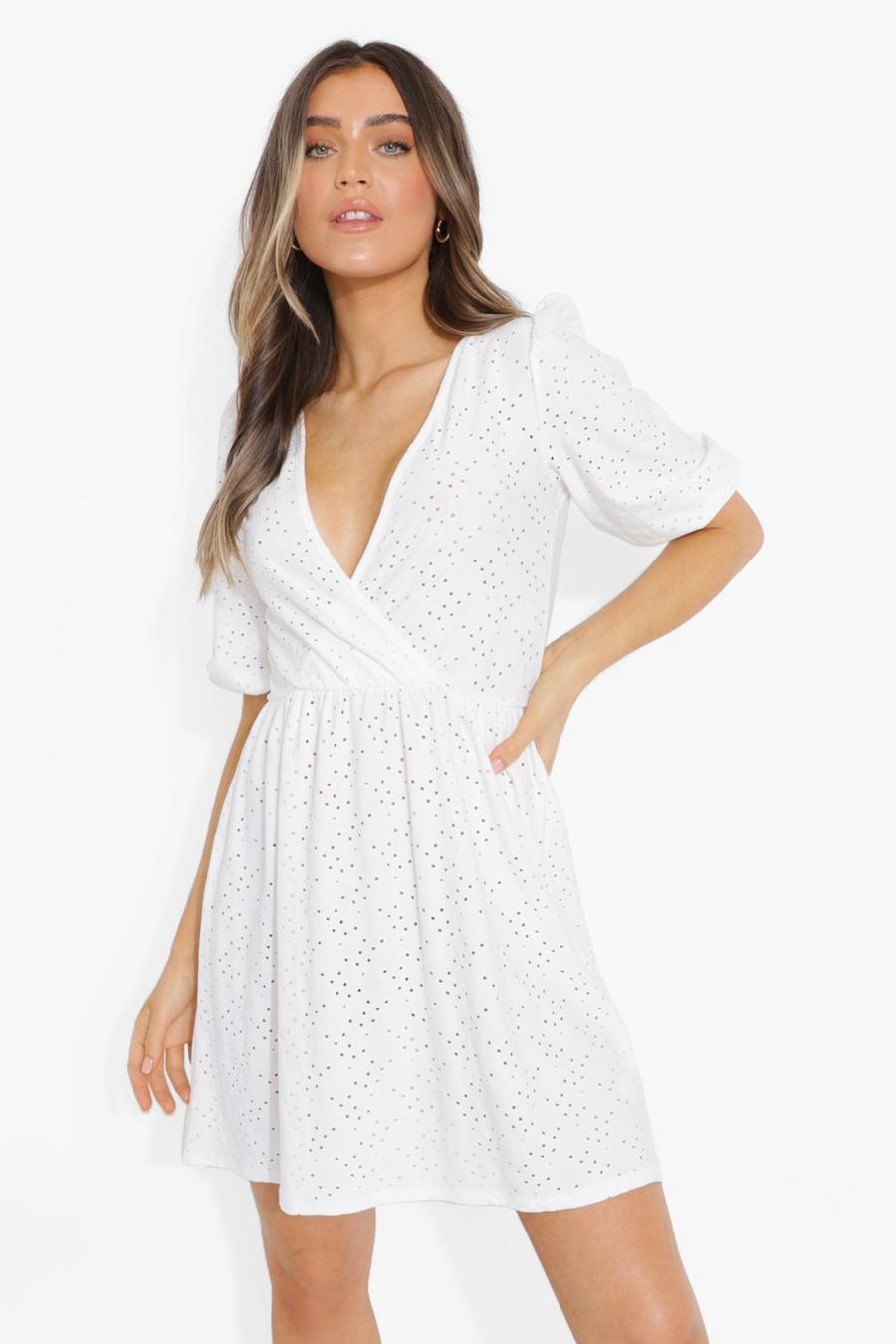 White Broderie Wrap Puff Sleeve Skater Dress image number 1