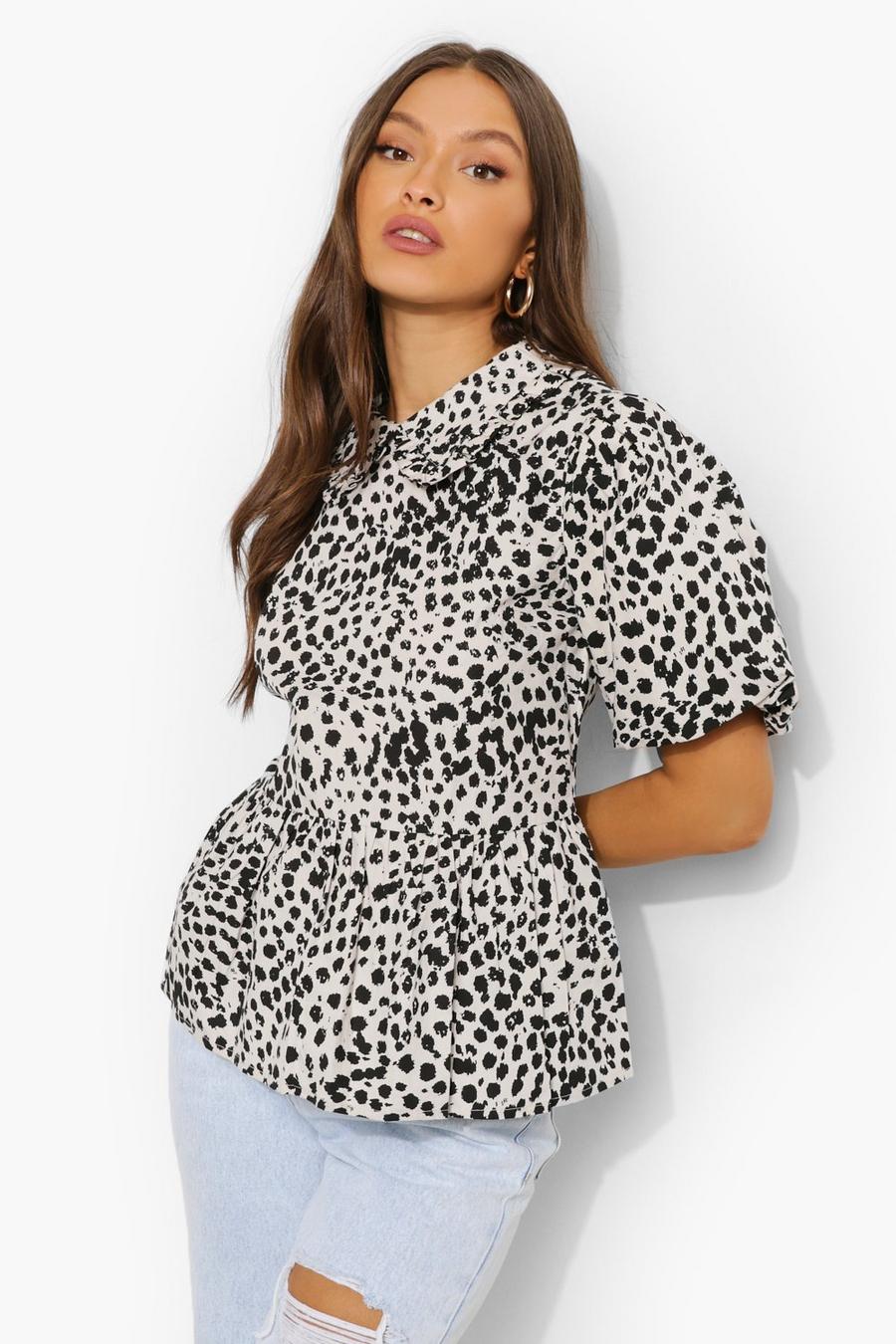 Ivory Woven Puff Sleeve Printed Blouse image number 1