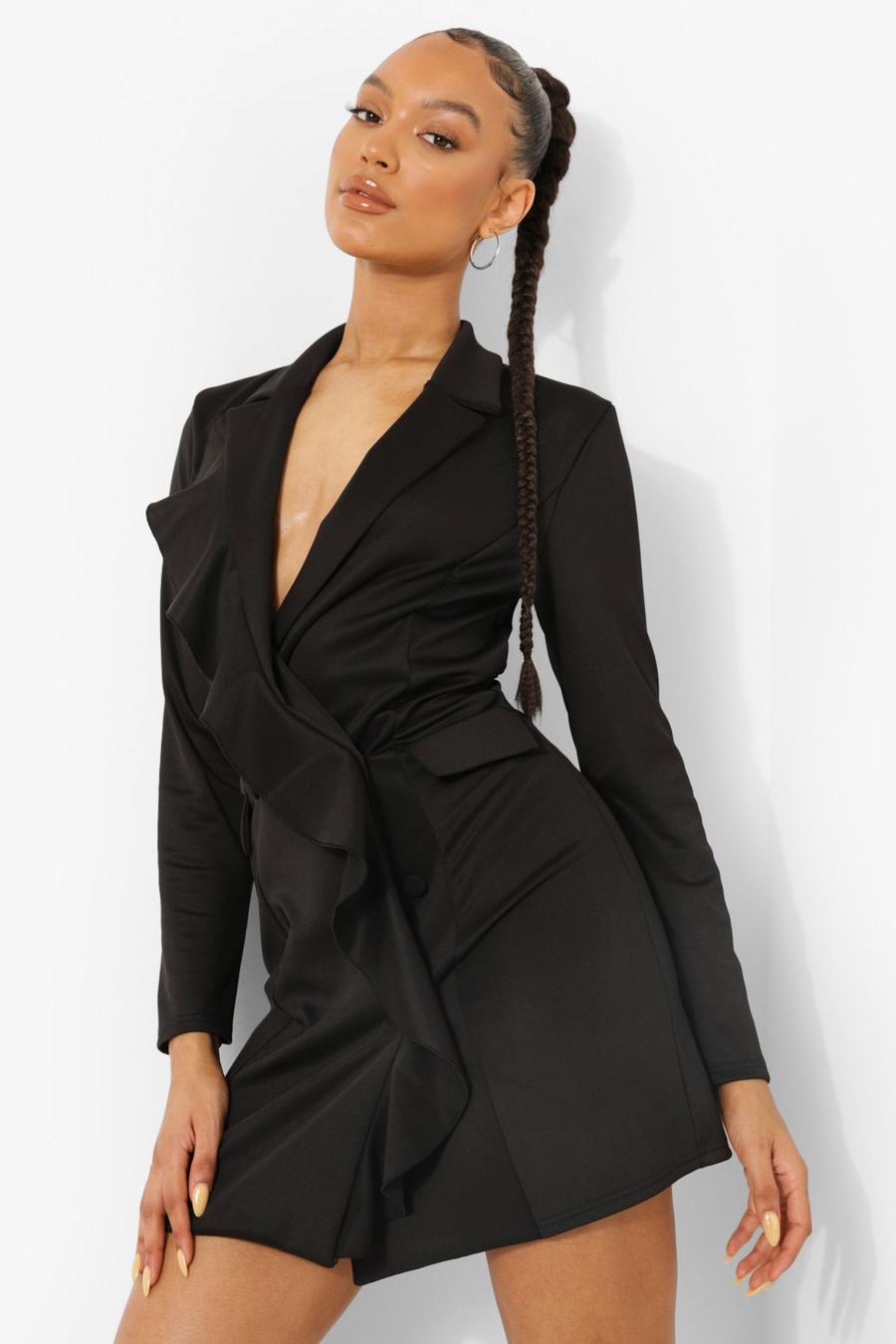 Black Scuba Ruffle Detail Blazer Dress image number 1