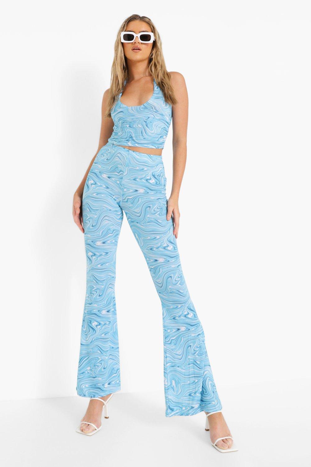 Marble Print Bralette & Flared Pants Set