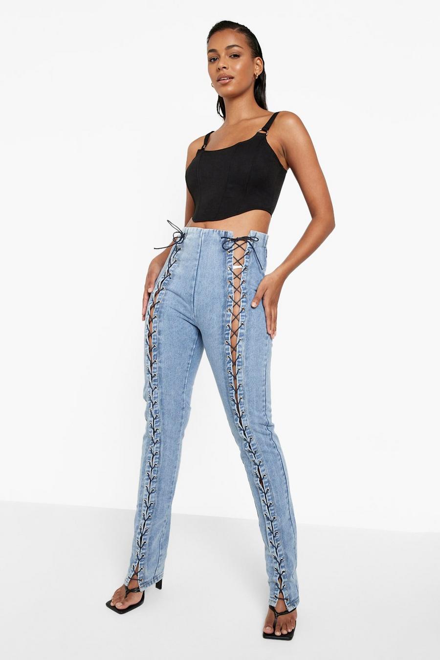 Mid blue Lace Up Front Straight Leg Jeans image number 1