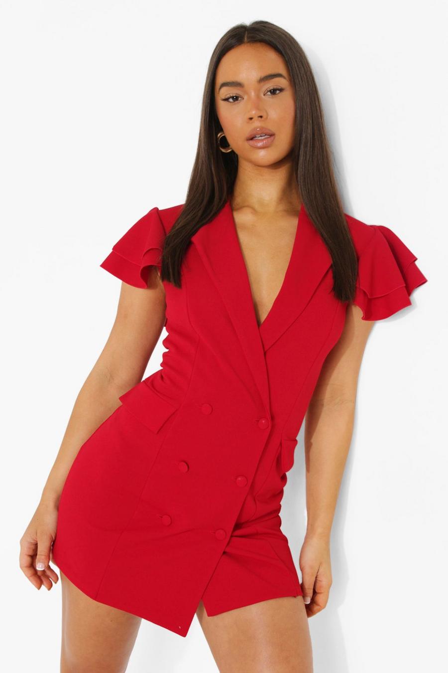 Red Ruffle Sleeve Double Breasted Blazer Dress image number 1