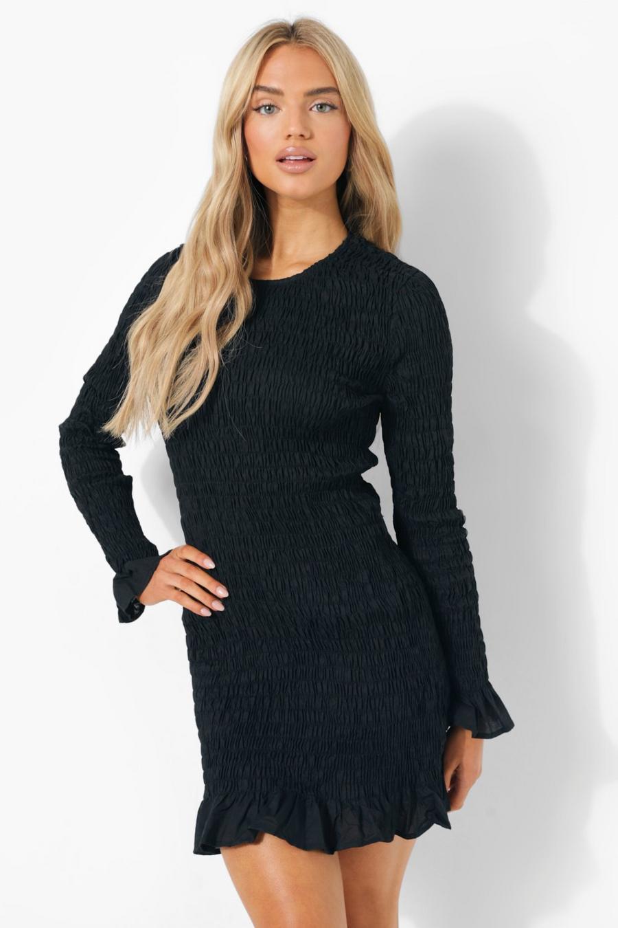 Black Shirred Long Sleeve Mini Dress image number 1
