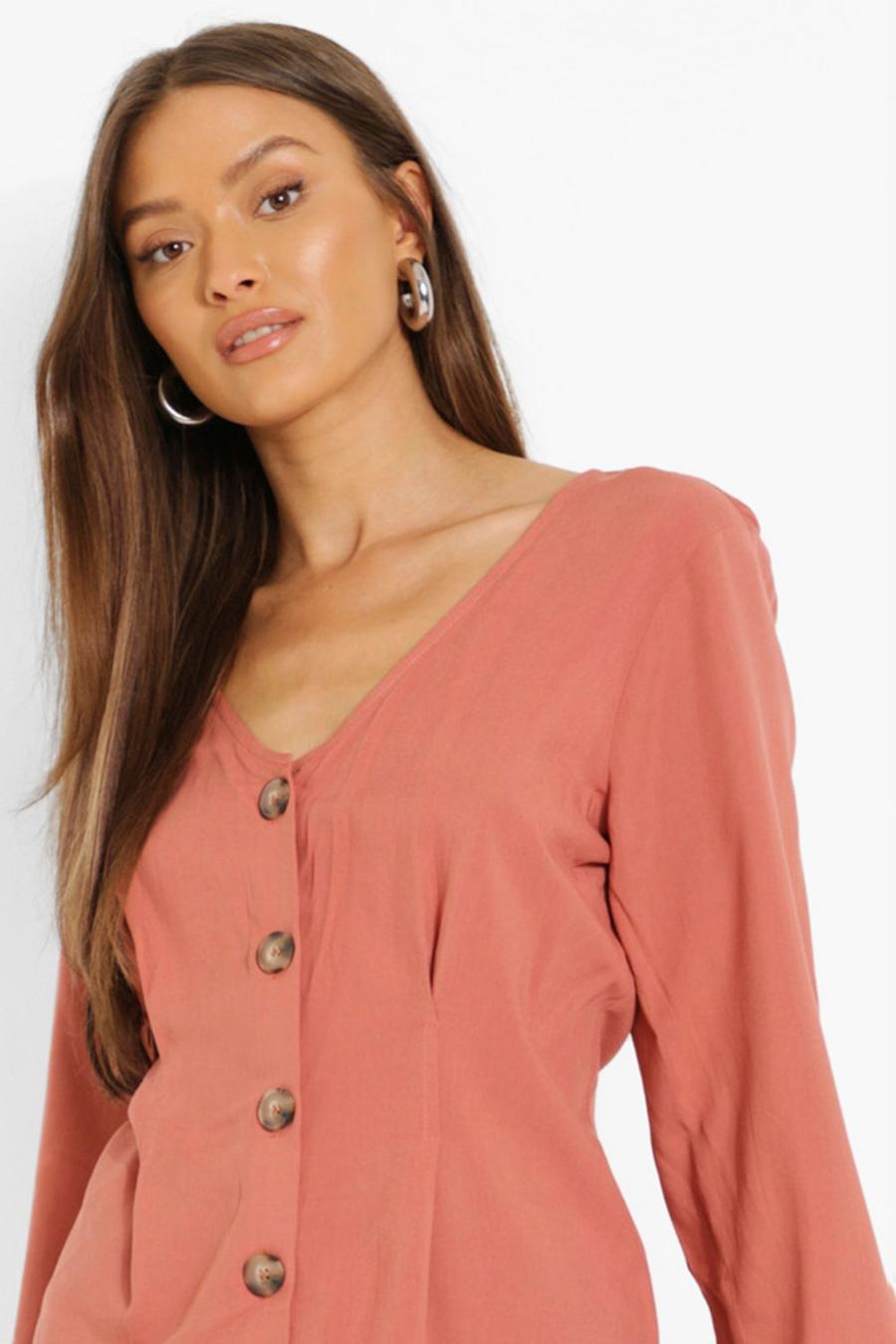 Rust Woven Button Front Pleat Waist Blouse image number 1