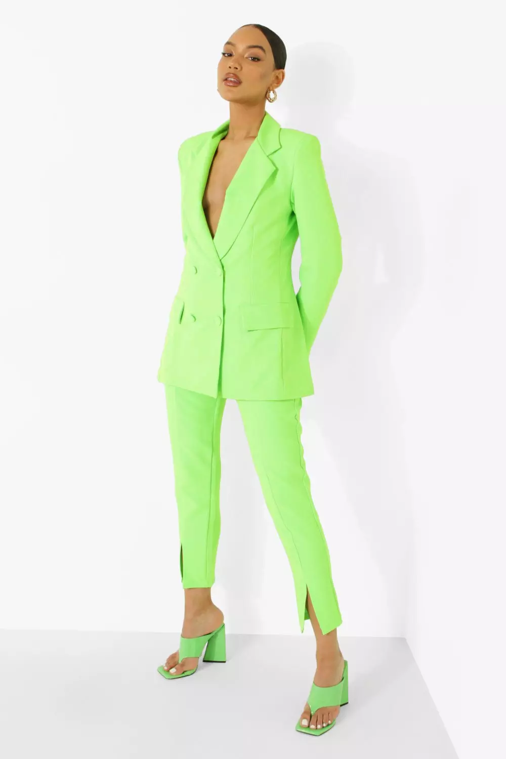 Neon green suit with blazer with scarves and wide leg pants – Bluzat