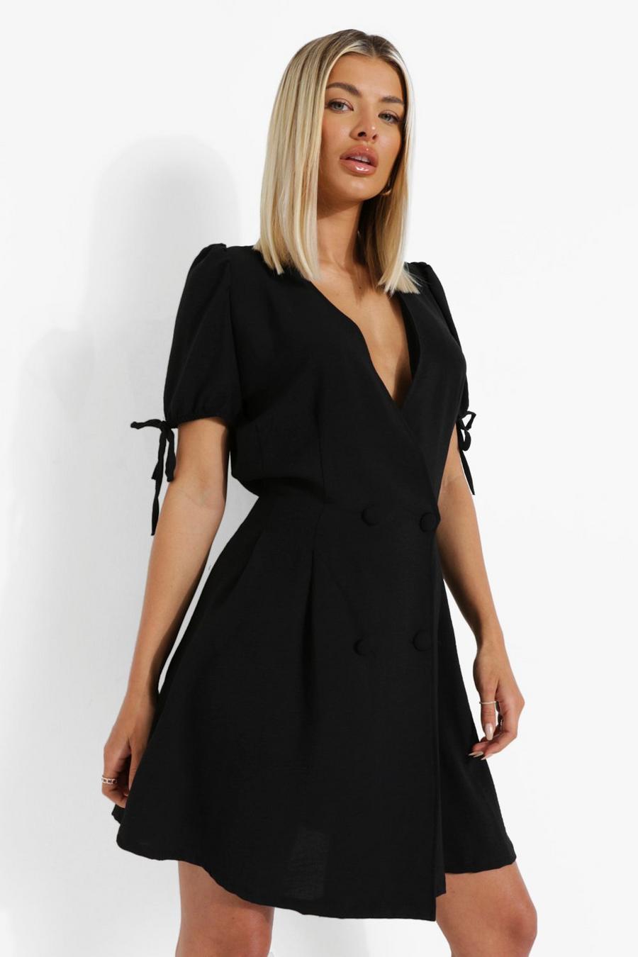 Black Linen Look Double Breasted Blazer Dress image number 1