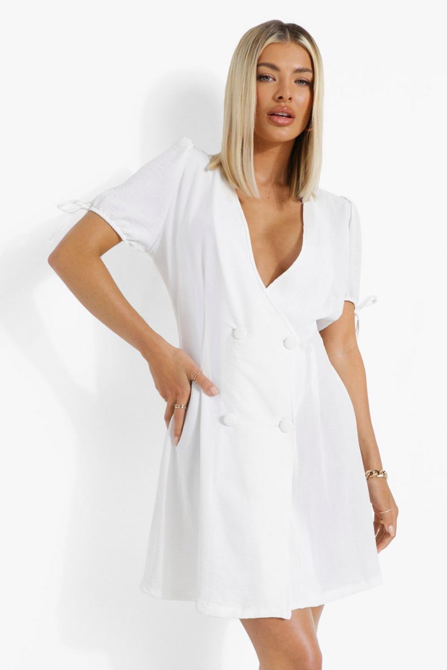 Ivory white Linen Look Double Breasted Blazer Dress image number 1