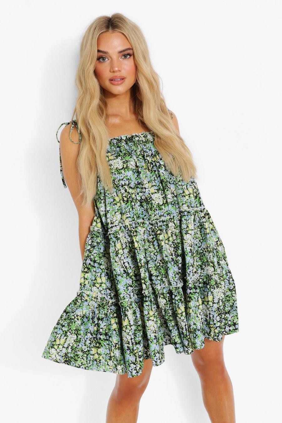 Black Floral Print Strappy Ruffle Smock Dress image number 1