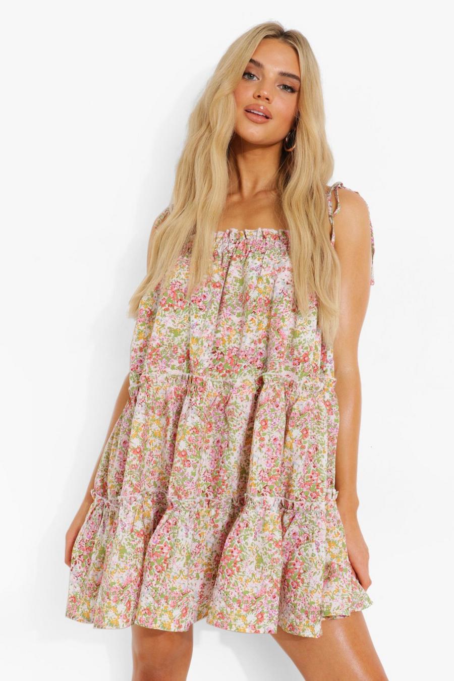 Pink Floral Print Strappy Ruffle Smock Dress image number 1