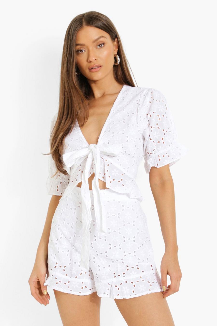 Ivory Broderie Knot Crop Top & Ruffle Hem Shorts Set image number 1