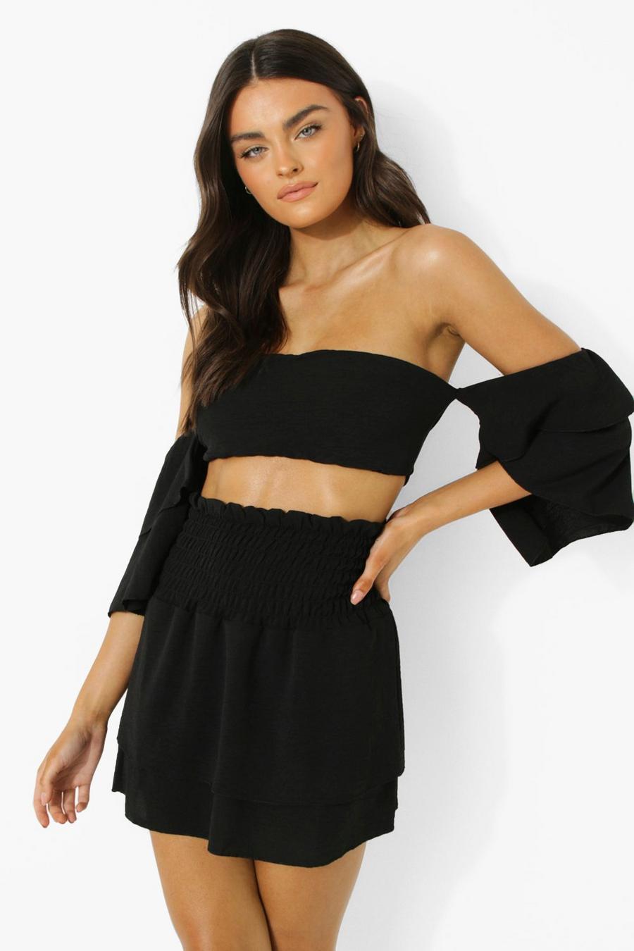 Black Linen Look Off The Shoulder Crop And Ruffle Mini image number 1
