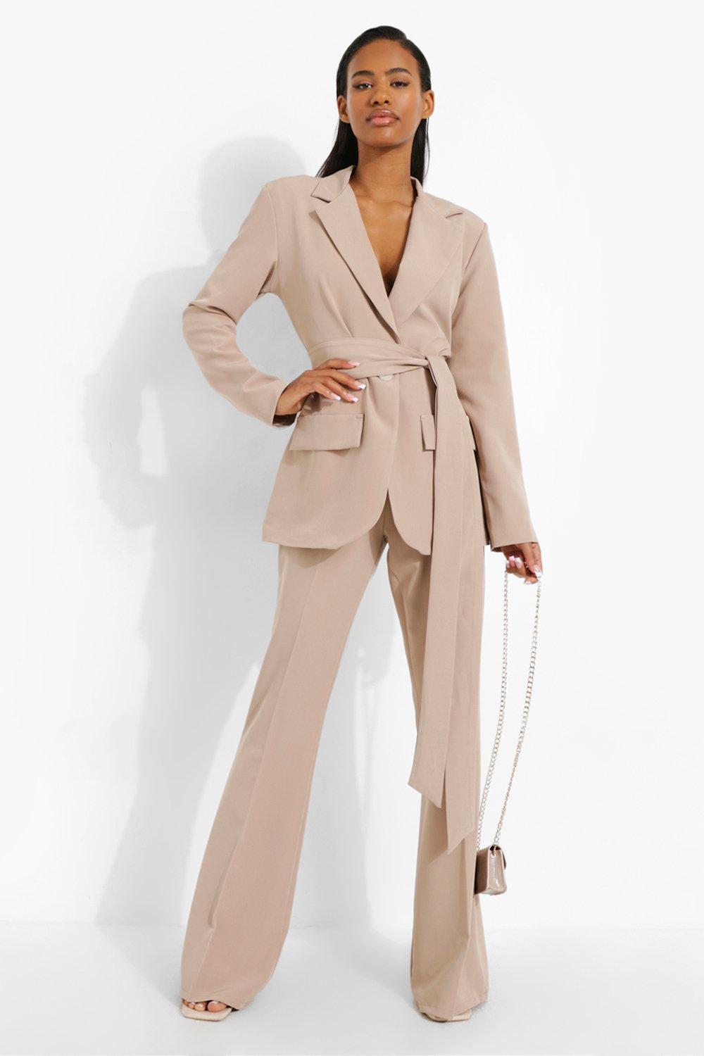Obi Tie Waist Blazer & Flared Trouser Suit Set