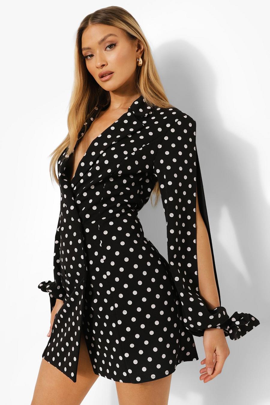 Black Polka Dot Split Sleeve Blazer Dress image number 1