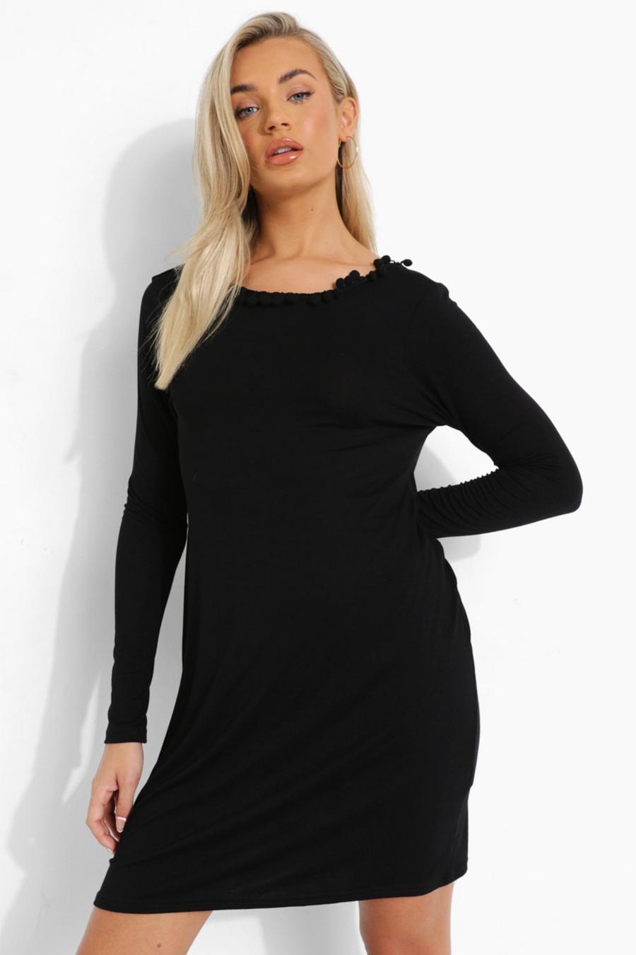 Black Pom Pom Low Back Shift Dress image number 1