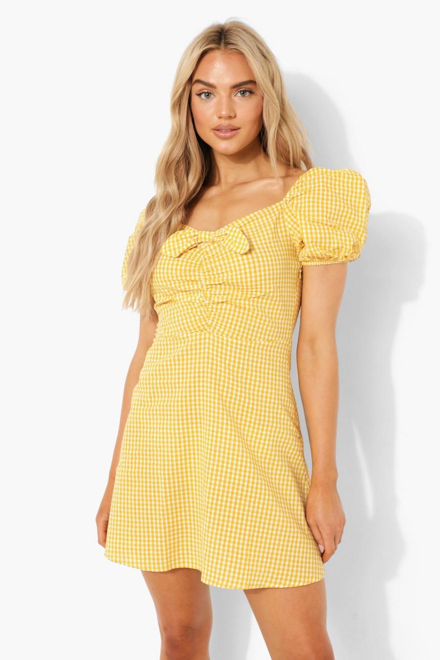 Yellow Gingham Puff Sleeve Skater Dress image number 1