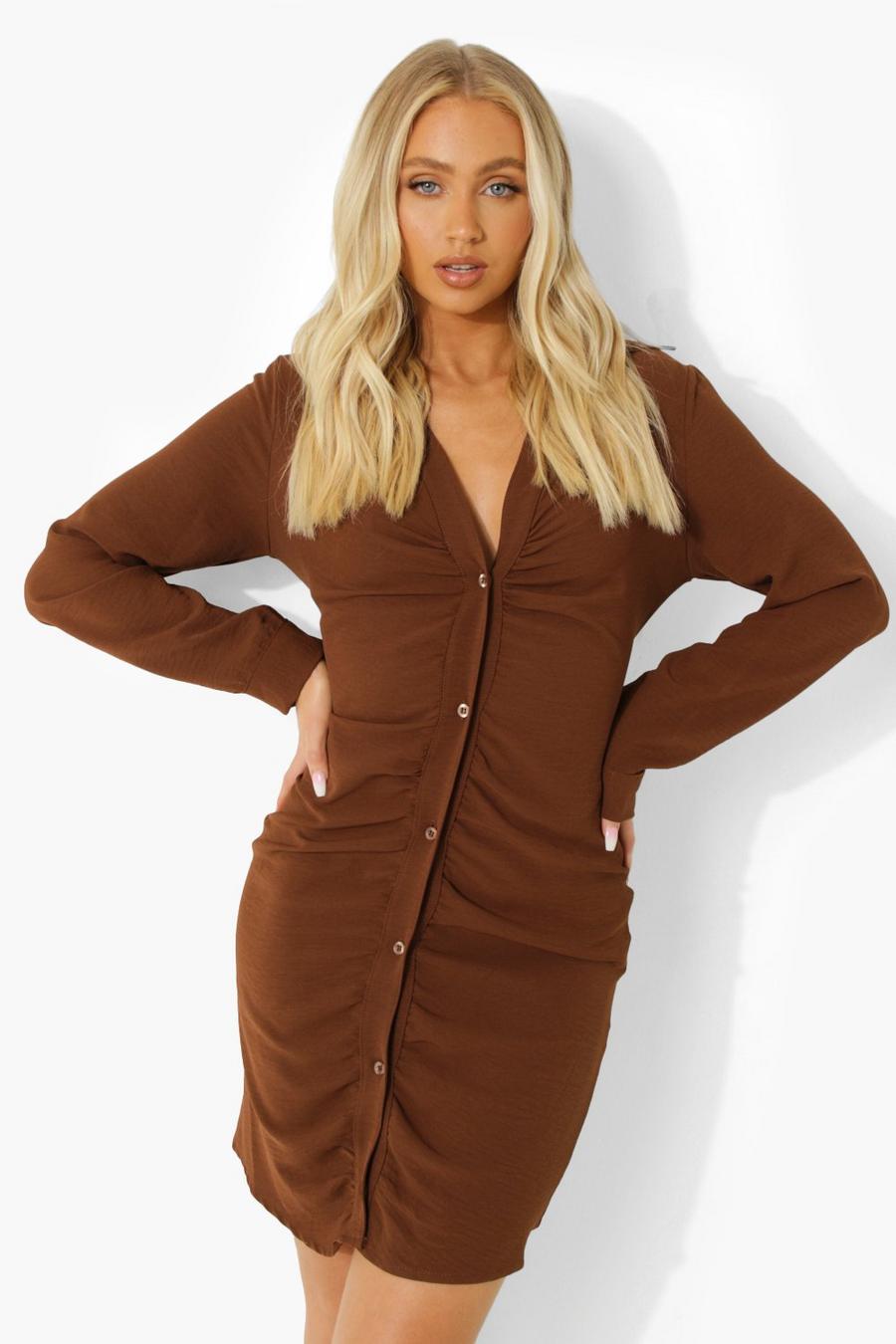 Chocolate Linen Look Ruched Shirt Dress image number 1