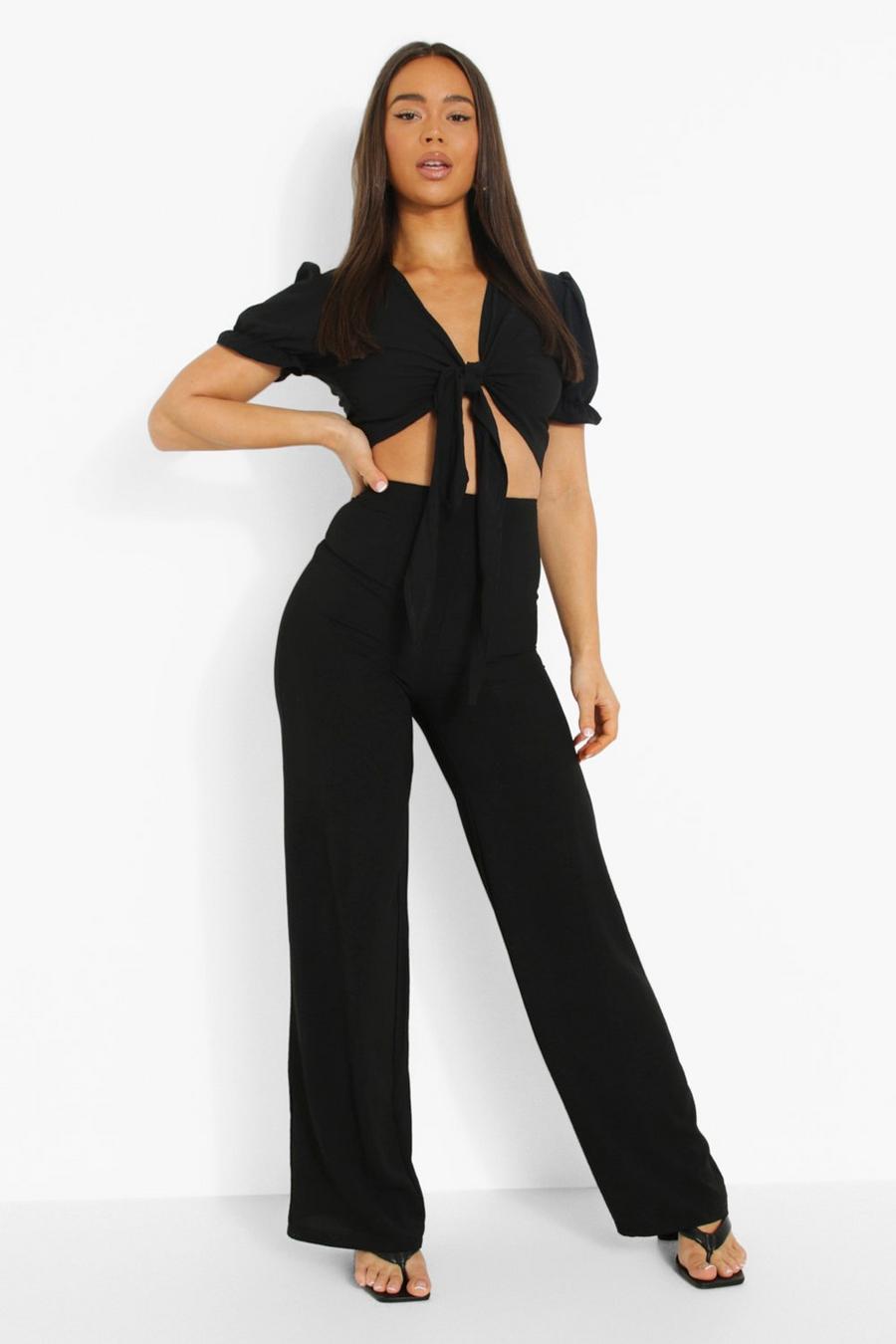 Black Linen Look Tie Crop And Wide Leg Trousers image number 1