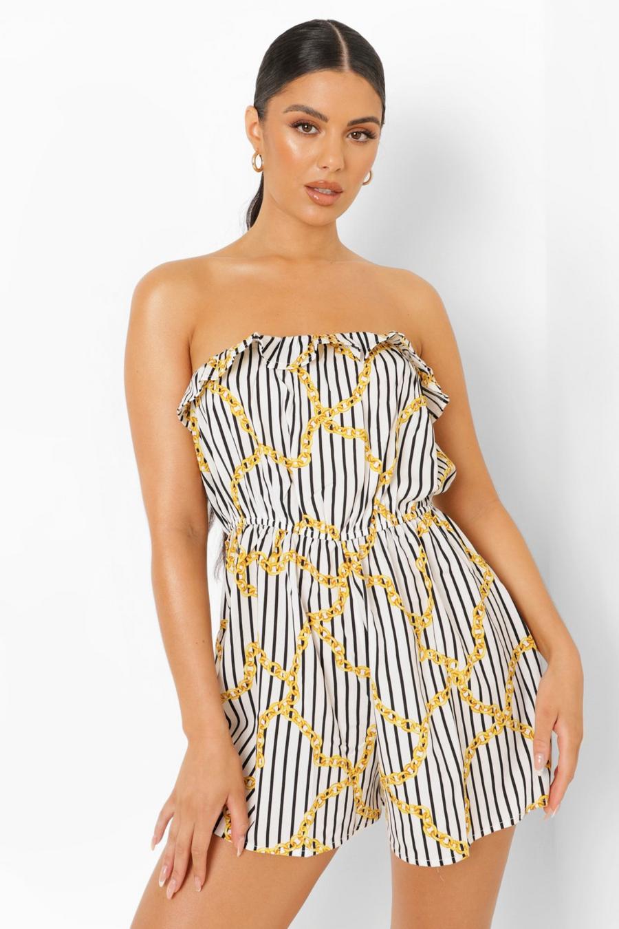 White Striped Chain Print Bandeau Flippy Romper image number 1