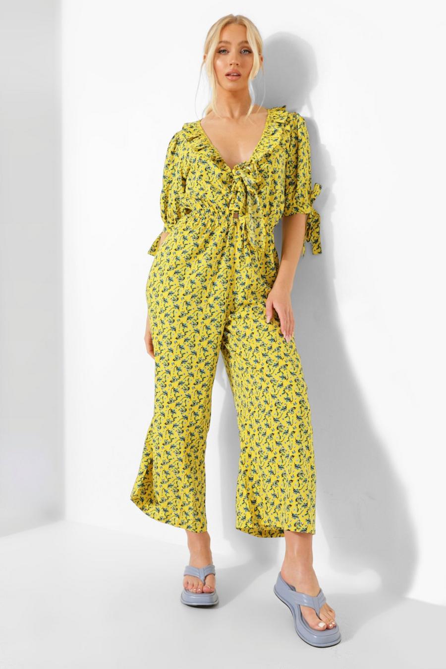 Yellow Floral Plunge Tie Sleeve Culotte Jumpsuit image number 1