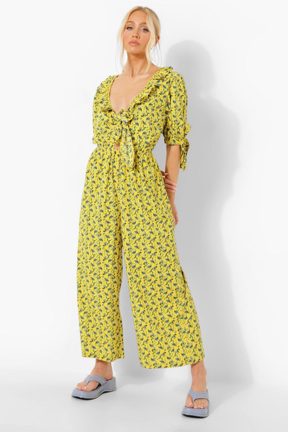 Floral Plunge Tie Sleeve Culotte Jumpsuit boohoo NO