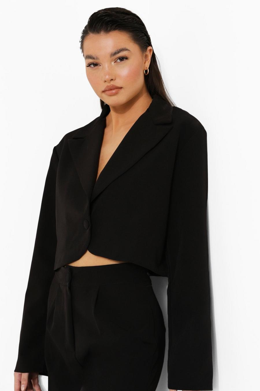 Black Relaxed Fit Tailored Cropped Blazer image number 1