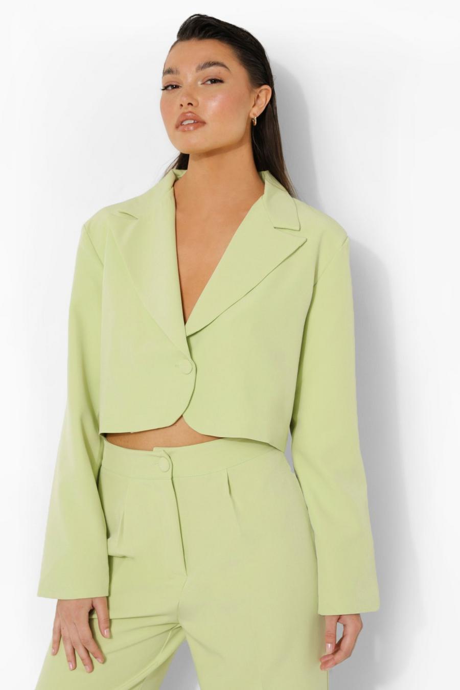 Soft lime yellow Relaxed Fit Tailored Cropped Blazer image number 1