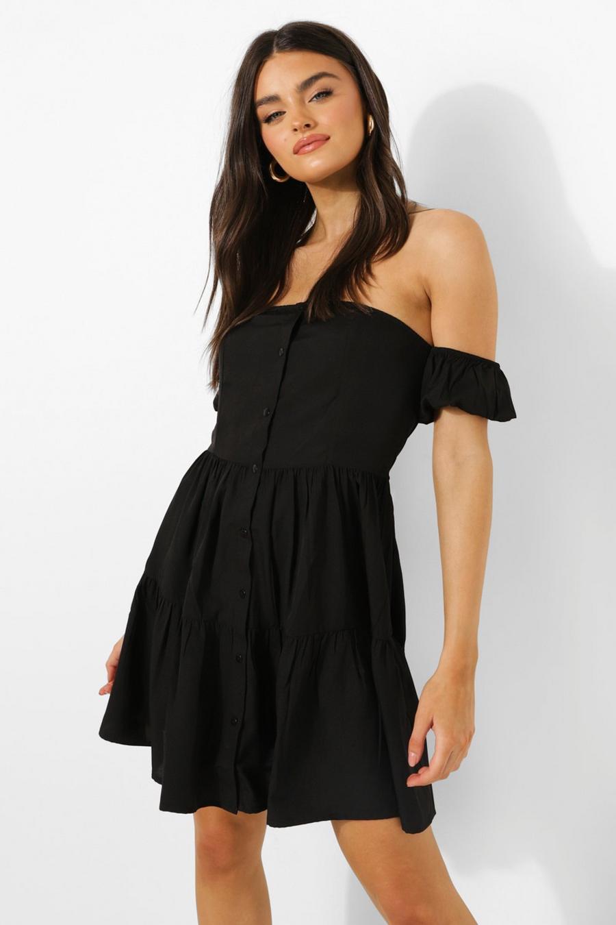 Black Off The Shoulder Button Down Tiered Mini Dress image number 1