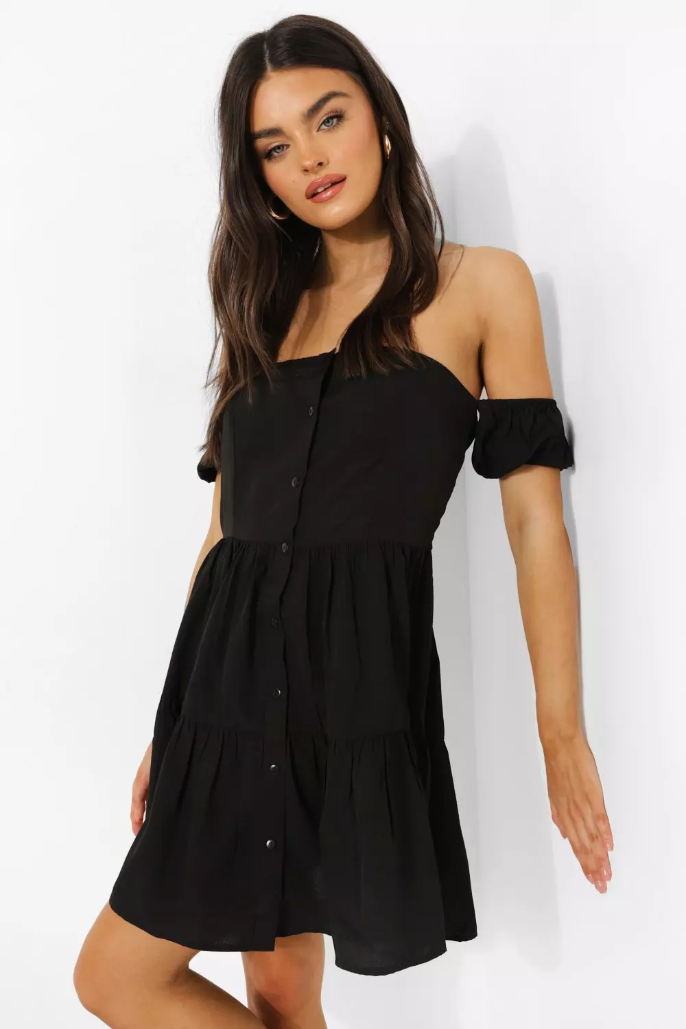 Black bardot hot sale button dress