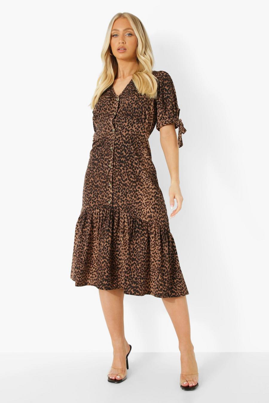 Brown Leopard Print Button Dow Smock Dress