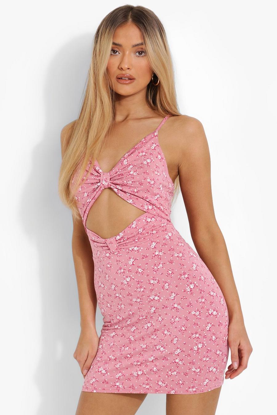 Pink Floral Strappy Cut Out Mini Dress image number 1