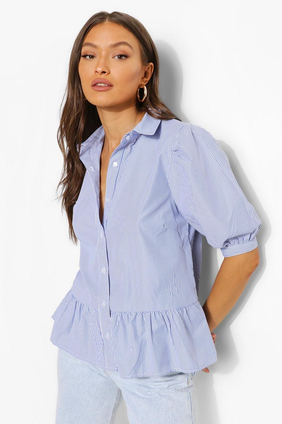 Blue Cotton Stripe Puff Sleeve Blouse image number 1