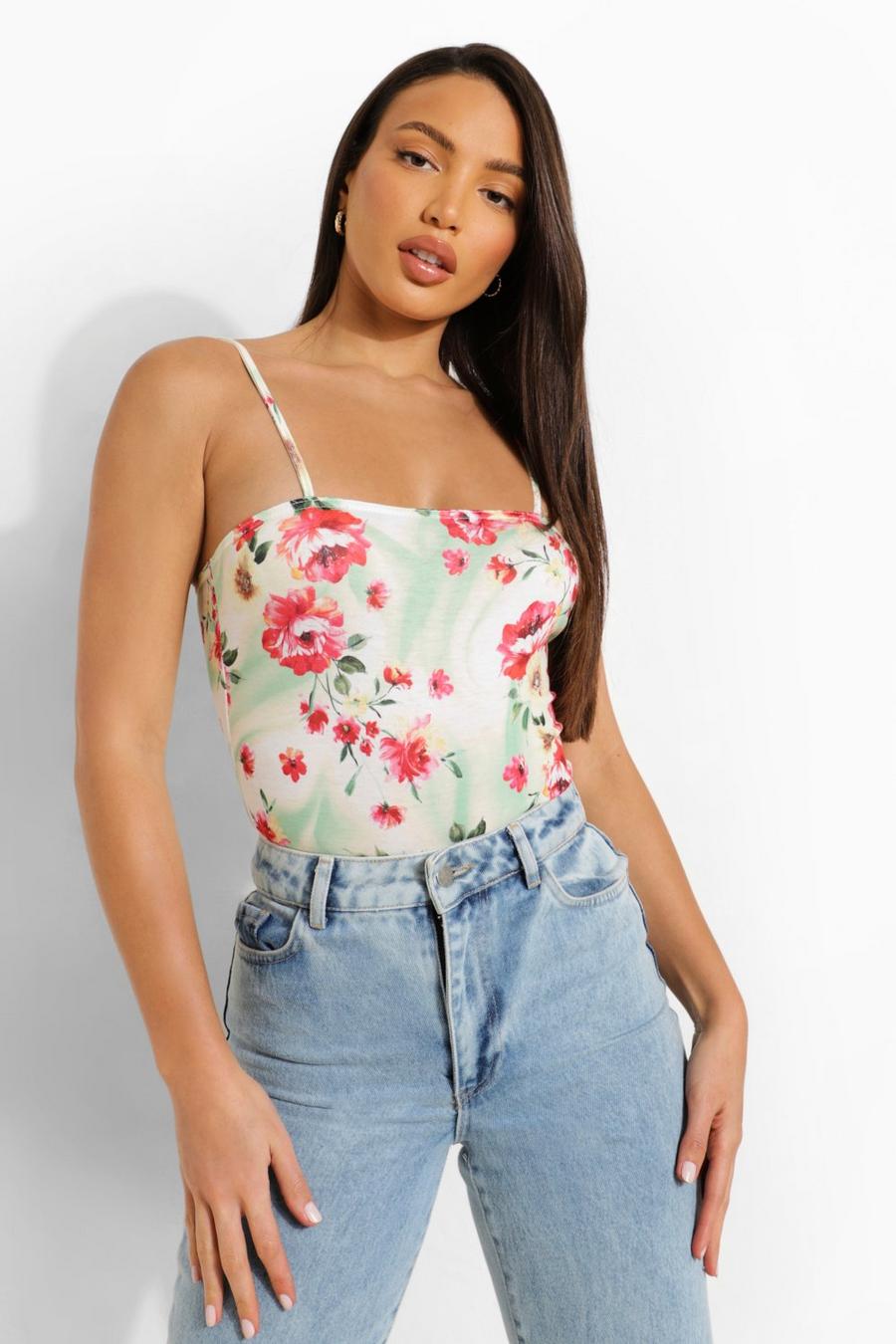 Green Tall Floral Strappy Jersey Bodysuit image number 1