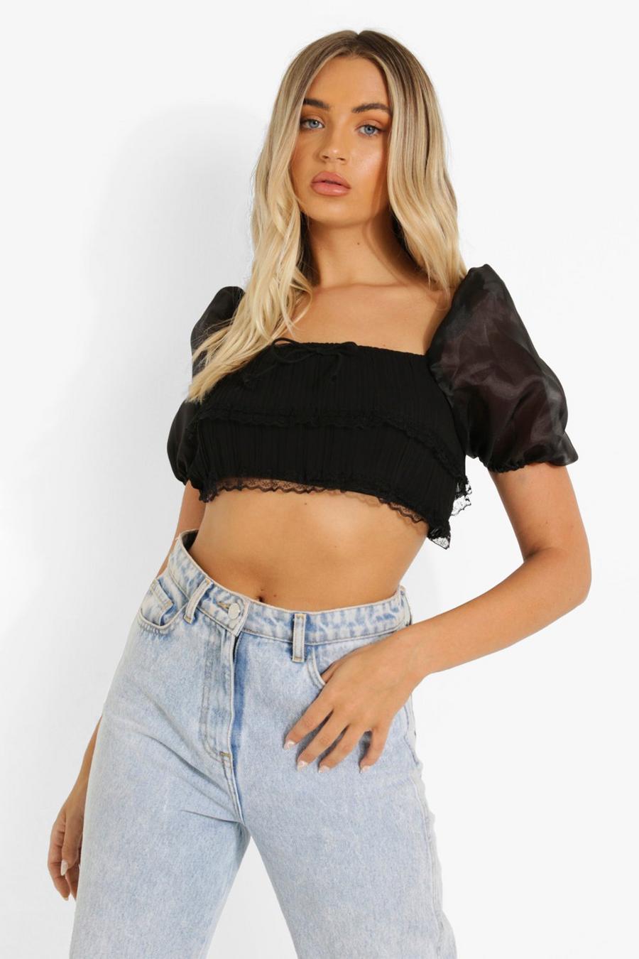 Black Puff Sleeve Frill Crop Top image number 1