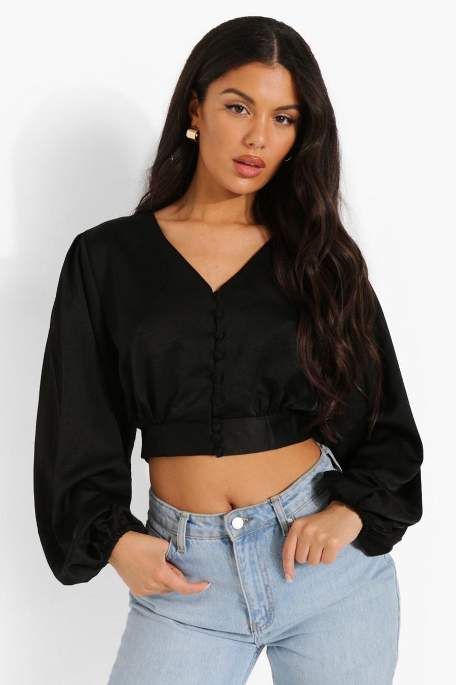 Black Button Front Puff Sleeve Blouse image number 1