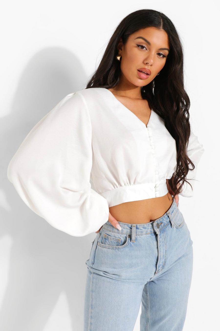 Ivory Button Front Puff Sleeve Blouse image number 1