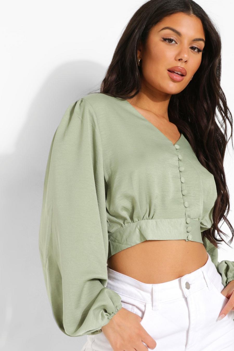 Sage Button Front Puff Sleeve Blouse image number 1