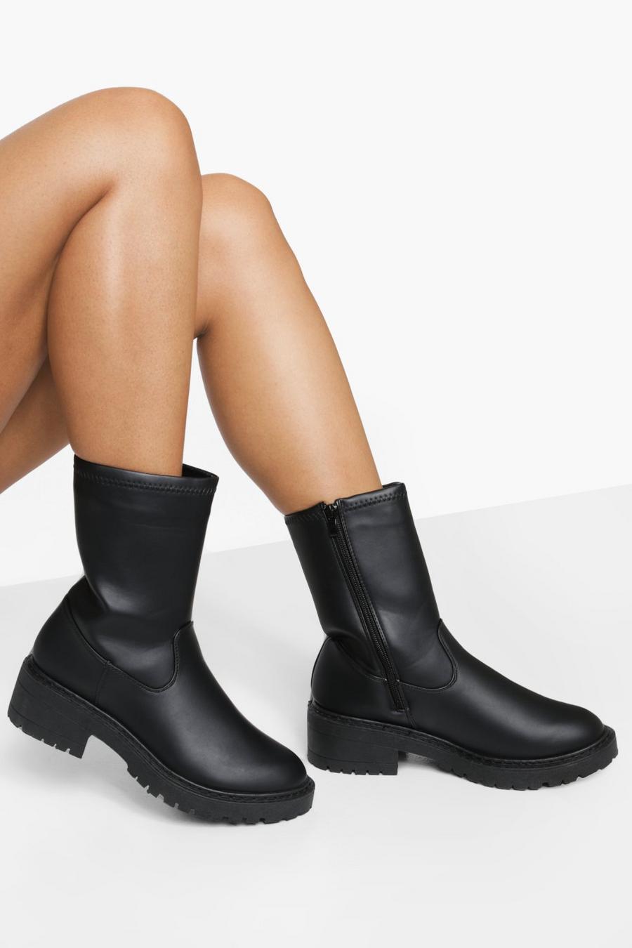 Black Wide Fit Chunky Calf High Boots