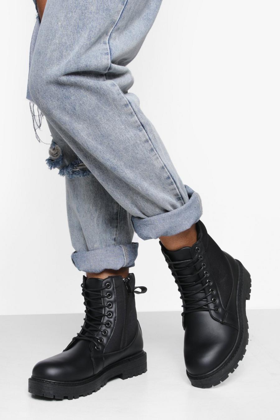 Black Wide Width Rib Detail Chunky Combat Boots image number 1
