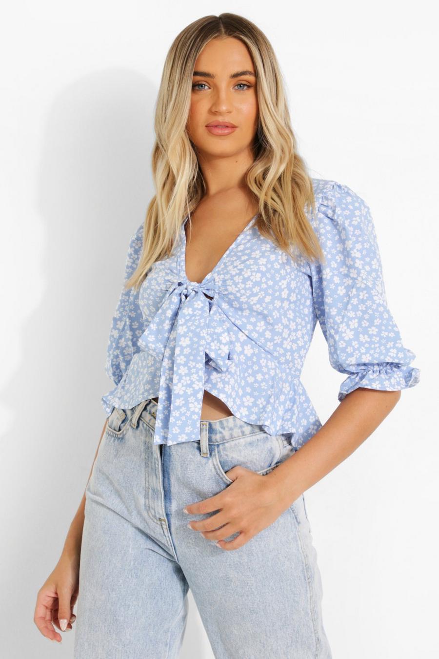 Blue Ditsy Floral Ruffle Front Blouse image number 1