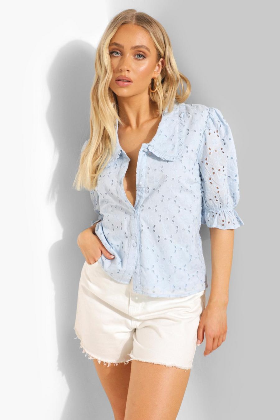 Blue Broderie Blouse Met Pofmouwen image number 1