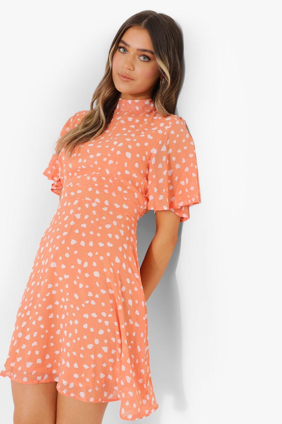 Coral Printed High Neck Flare Sleeve Dress image number 1
