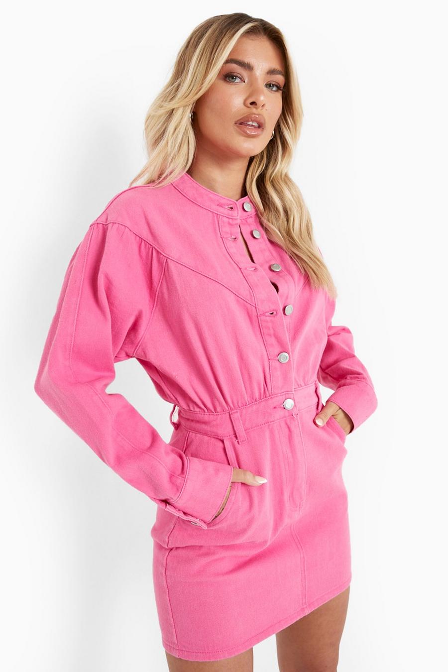 Hot pink Long Sleeved Button Front Denim Dress image number 1
