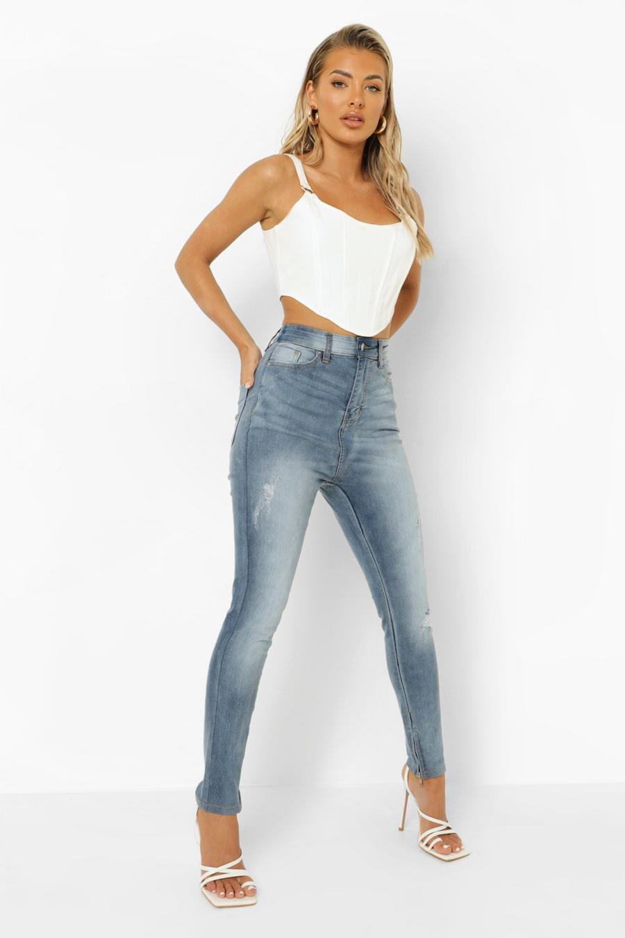 Skinny Jeans mit Reißverschluss am Saum, Mid blue image number 1
