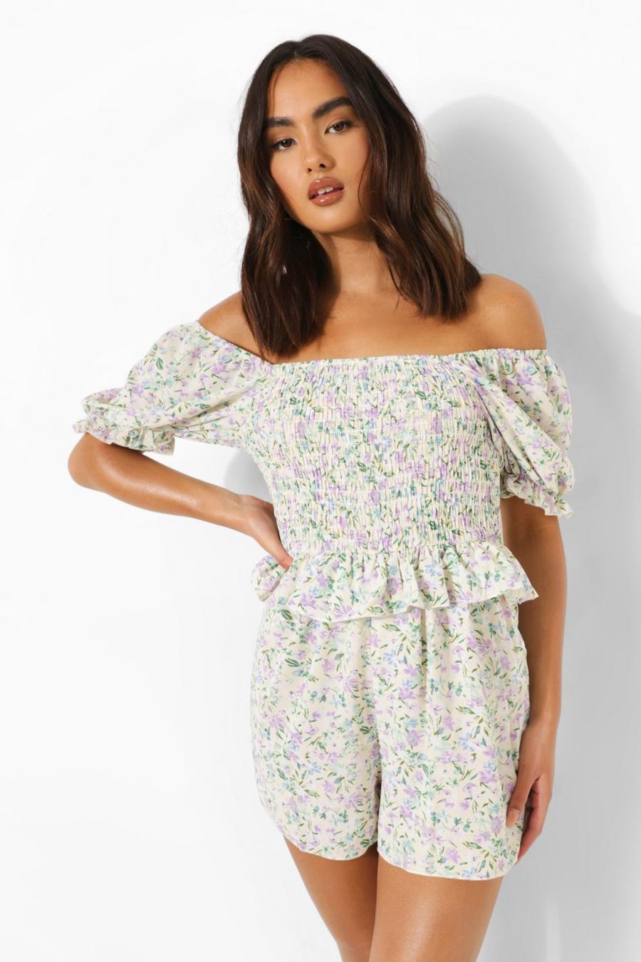 Cream white Floral Bardot Shirred Bust Playsuit