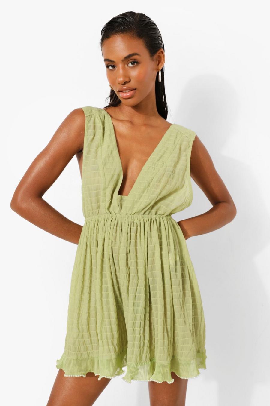 Lime Plunge Pleated Mesh Playsuit image number 1