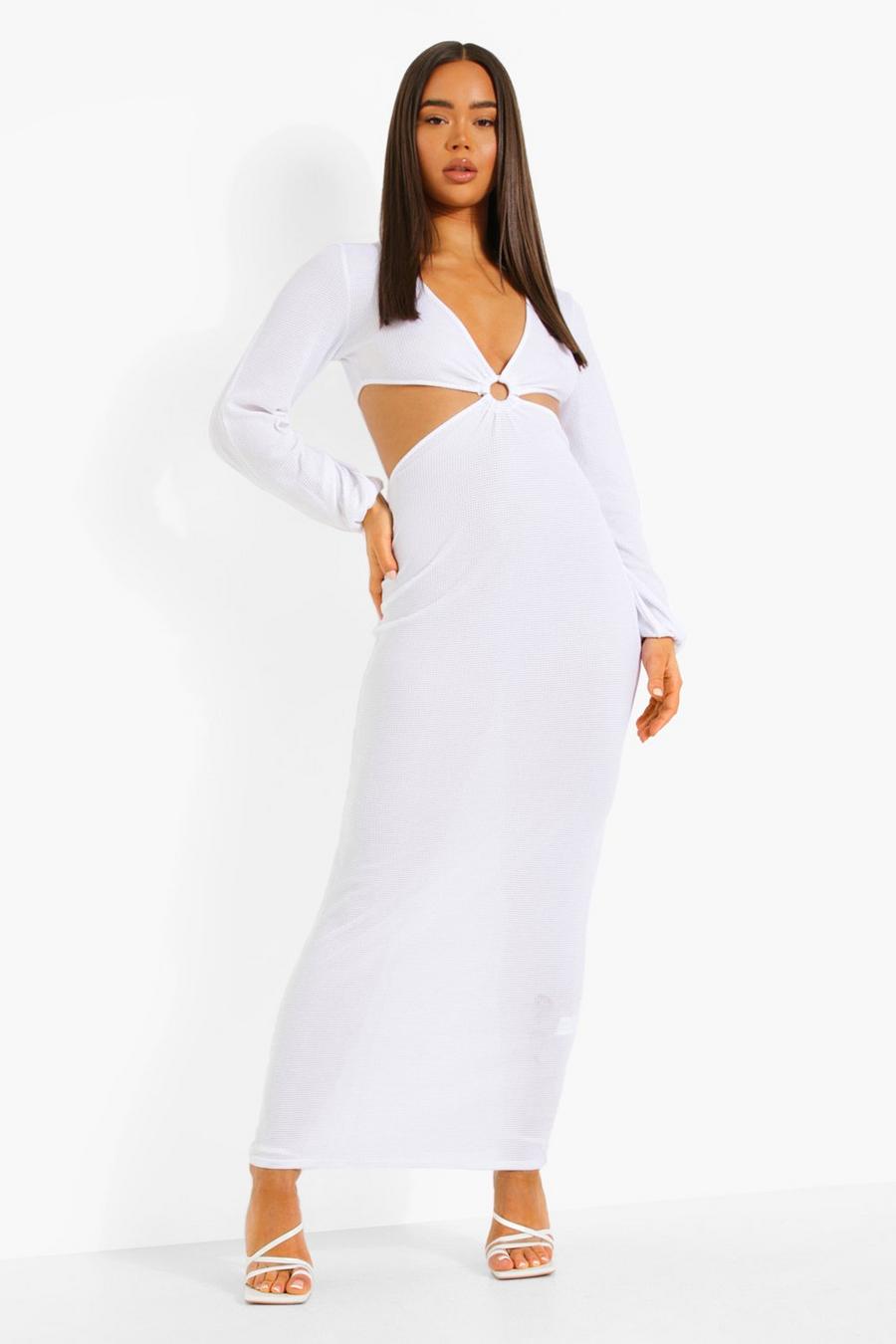 White Long Sleeve Plunge D-ring Maxi Dress image number 1