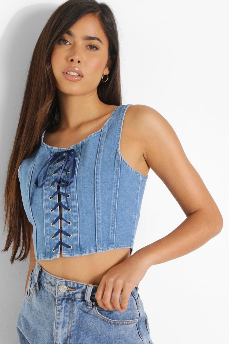 Crop top style corset en jean, Mid blue image number 1